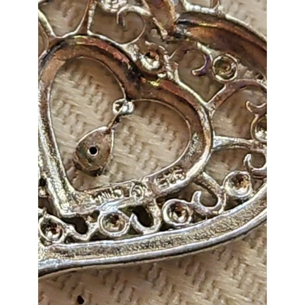 Sterling Silver Filigree Heart Dangle Center Marcasite Pendant Necklace 1" VTG - Picture 5 of 6